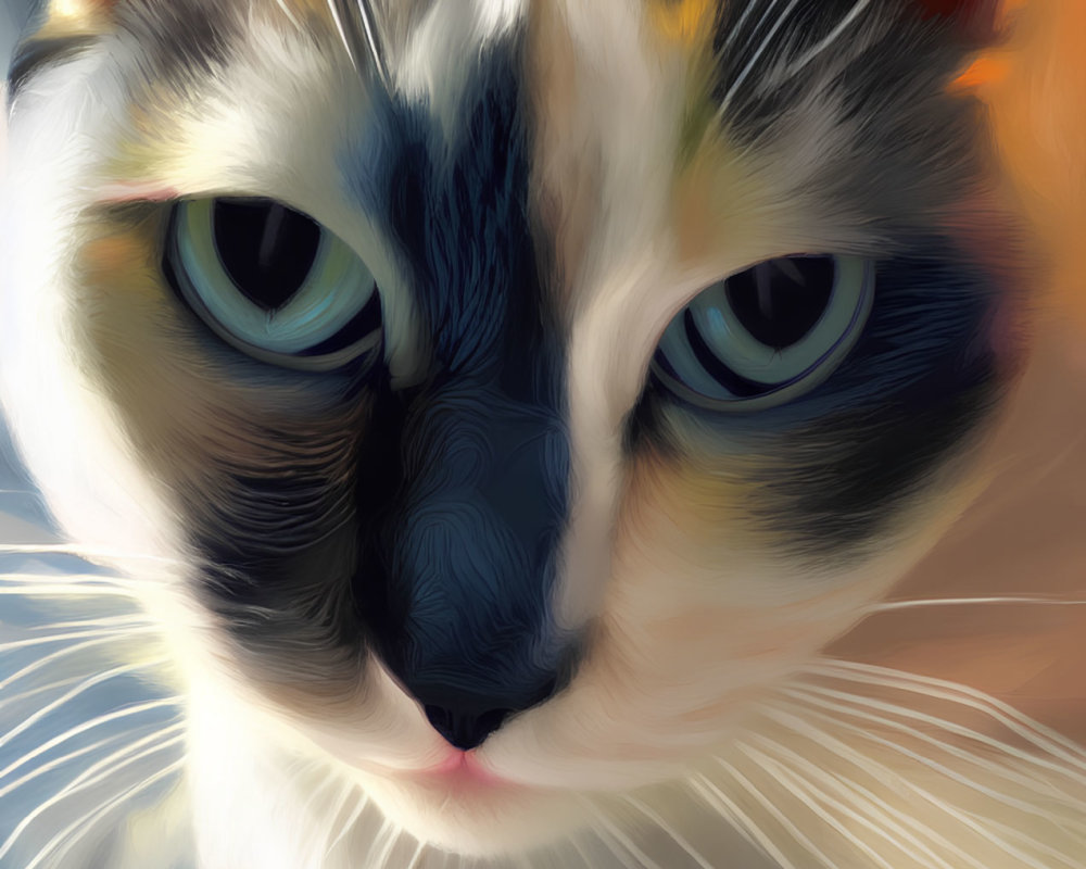 Multicolored Cat with Blue Eyes and Painterly Filter Effect