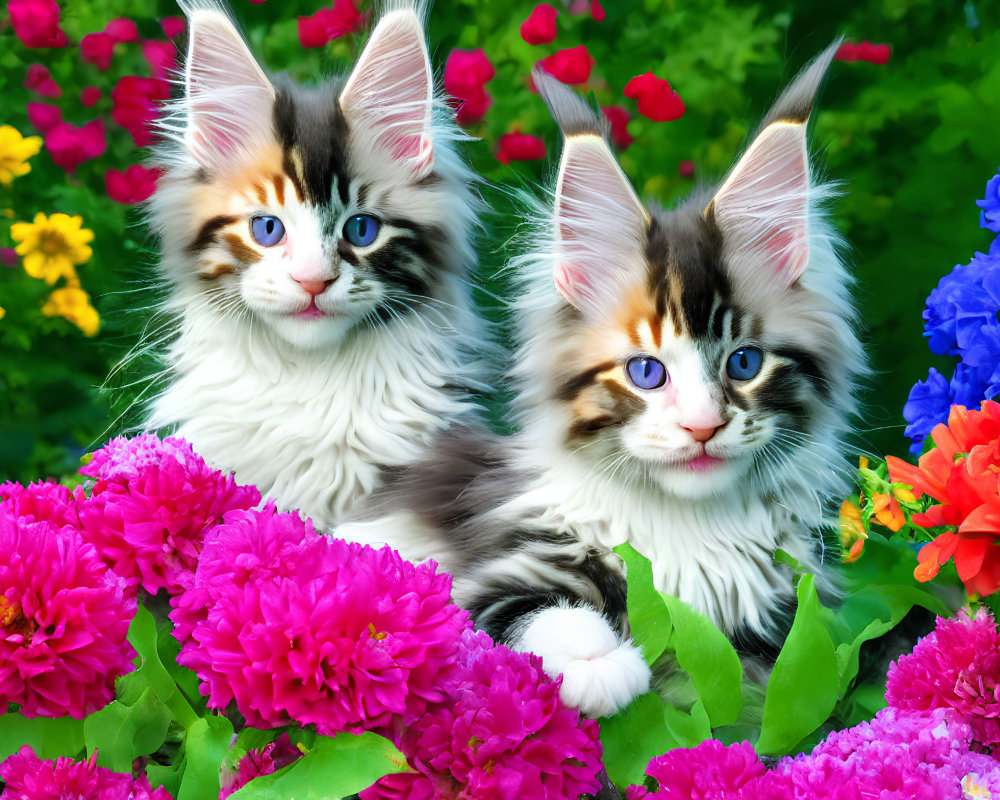 Fluffy Kittens with Blue Eyes Among Colorful Flowers