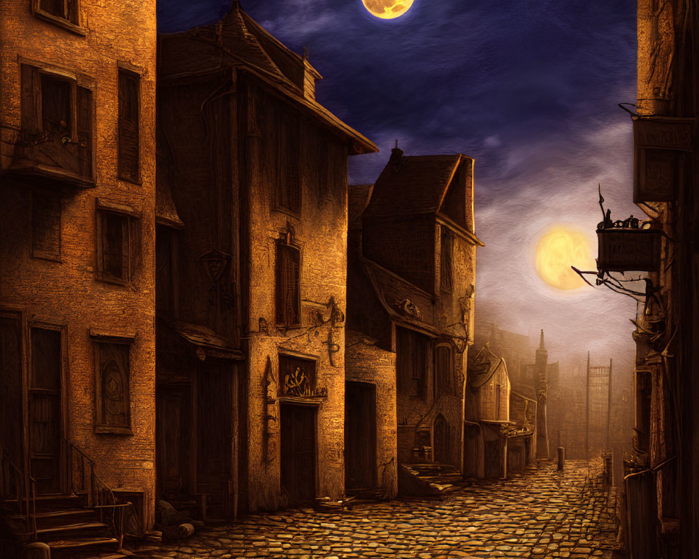 Nighttime cobblestone street with illuminated old buildings under full moon