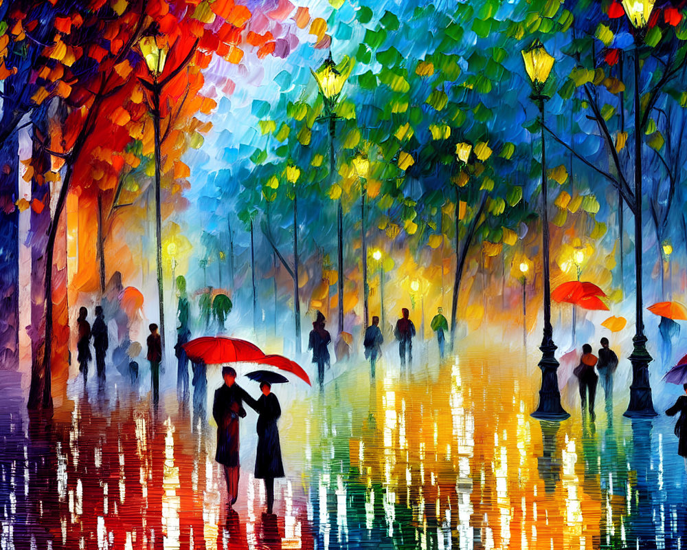 Colorful Impressionistic Painting of People with Umbrellas on Rainy Street