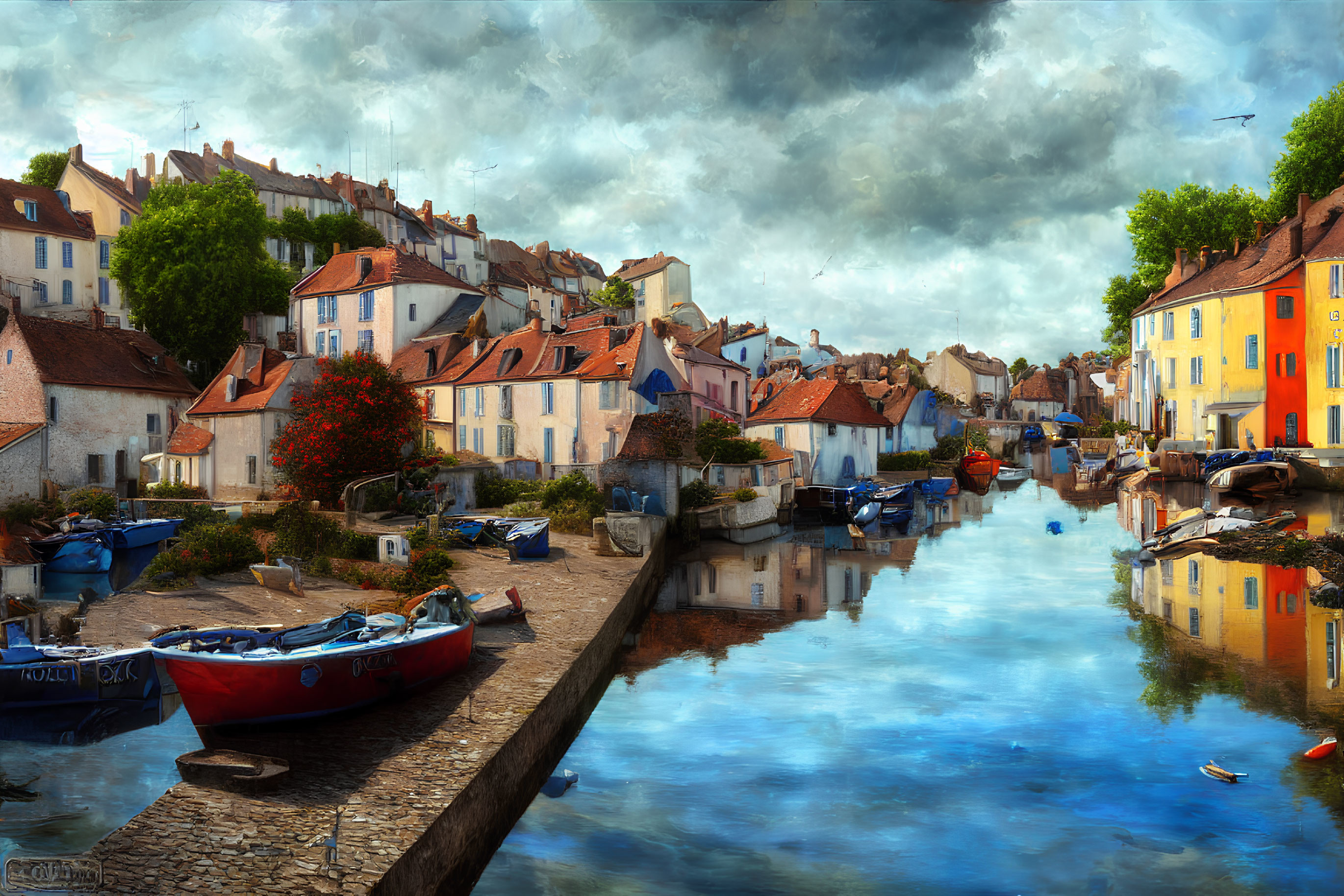 Tranquil canal scene with docked boats and colorful European houses