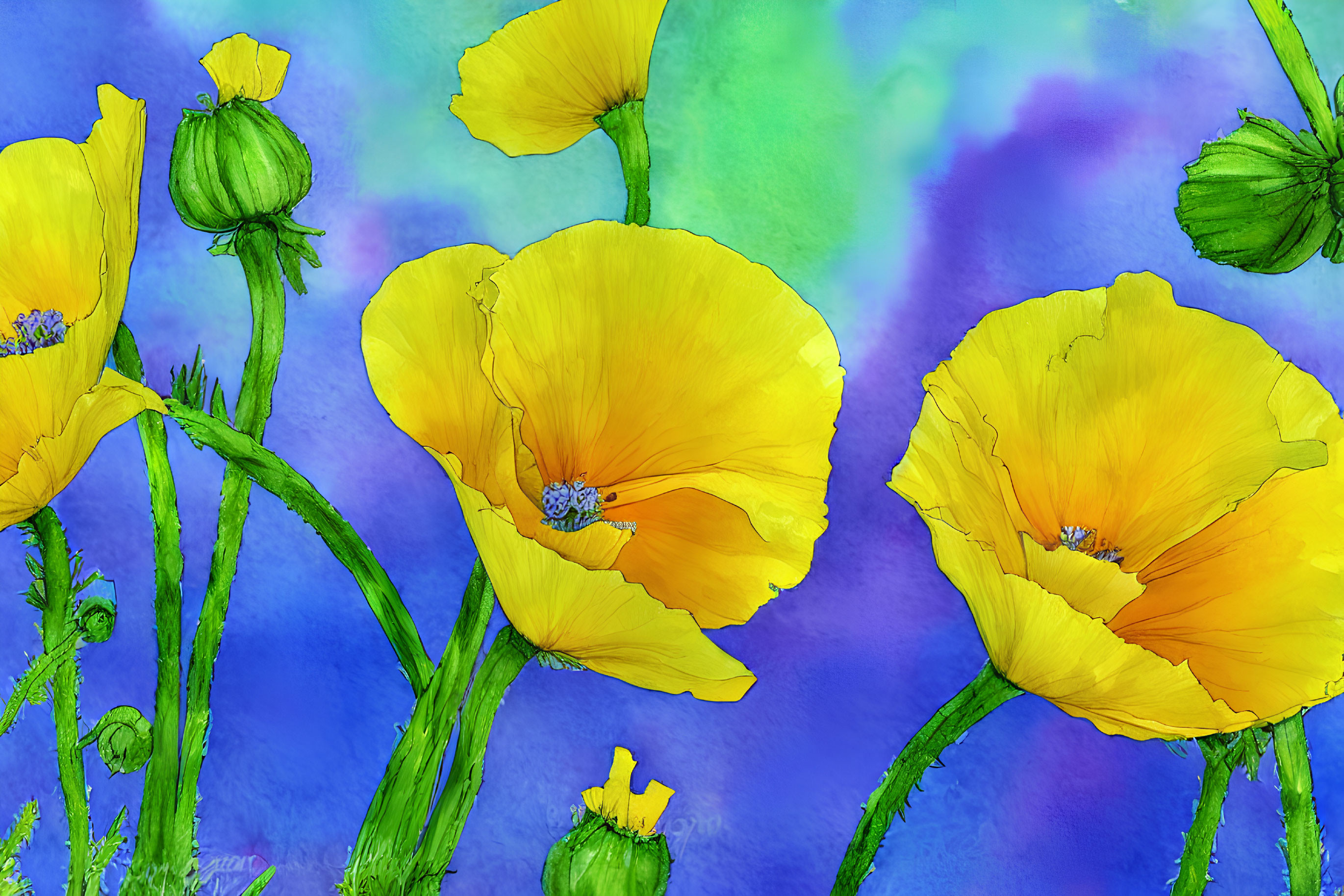 Beautiful Yellow Poppies on Blue and Purple Watercolor Background