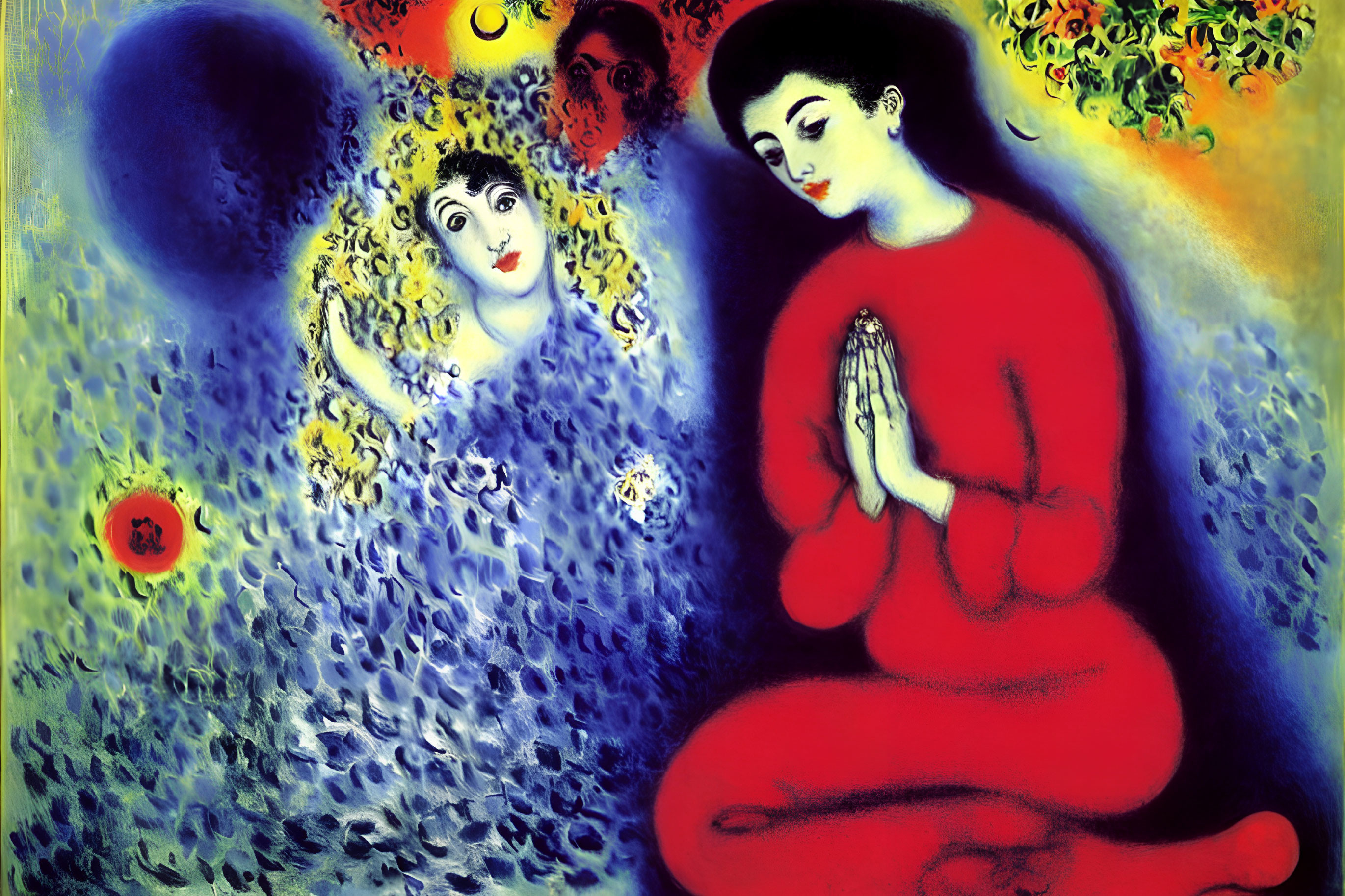 Colorful abstract painting with praying figure, floating woman's face, and vibrant orbs on blue background