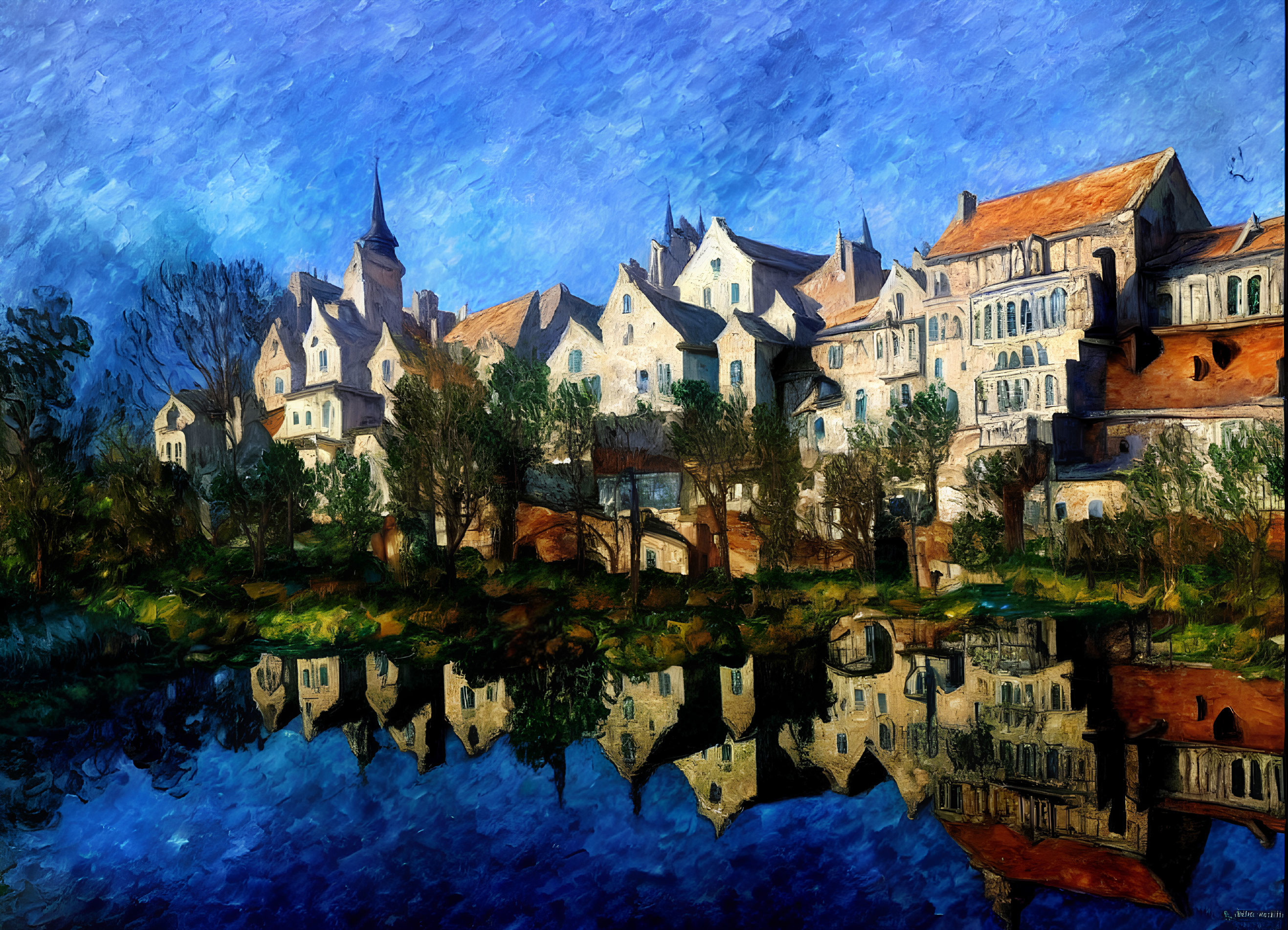 European village painting with vibrant colors and reflective water