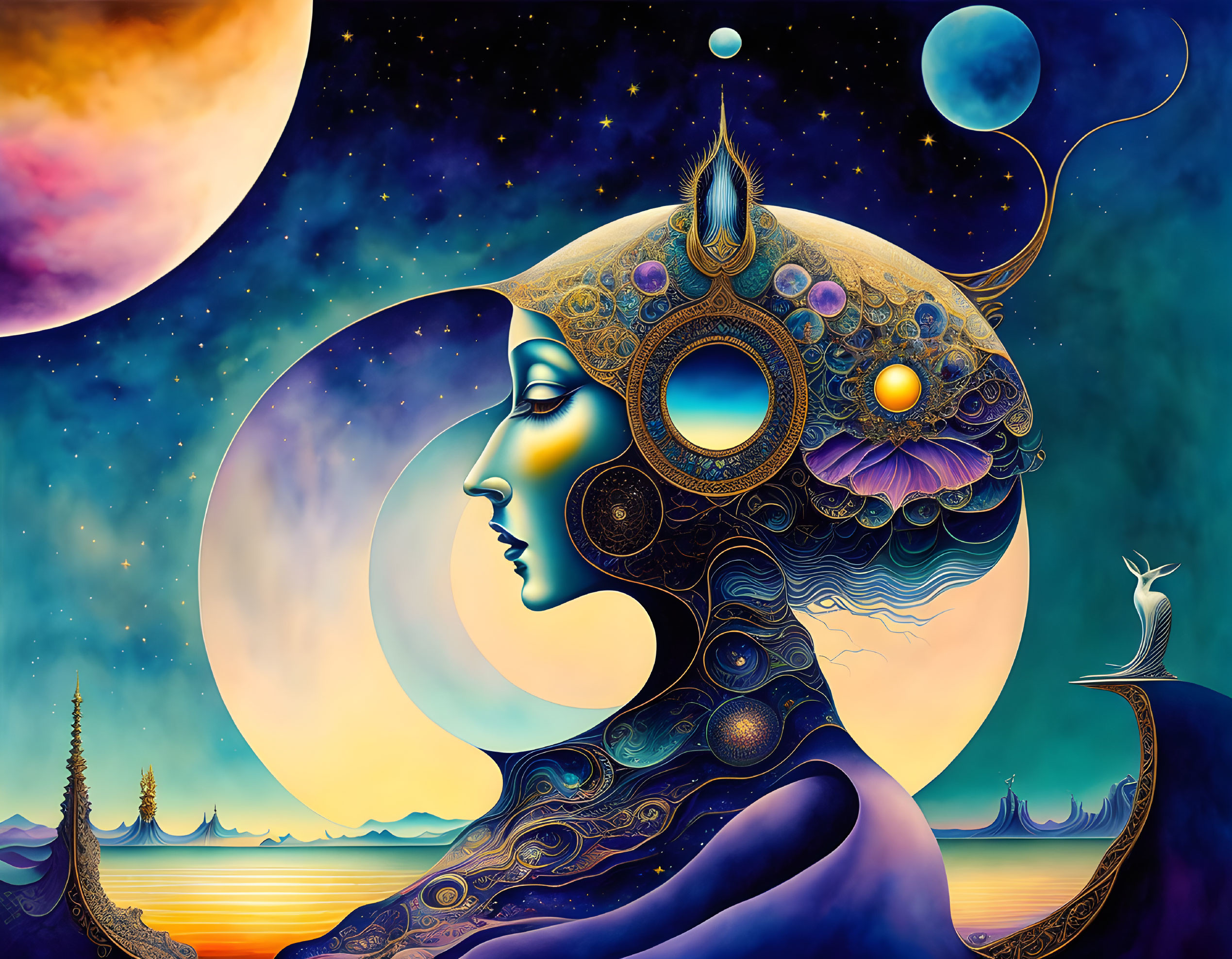 Vibrant surreal artwork: Woman profile, celestial bodies, intricate patterns, landscape, white bird