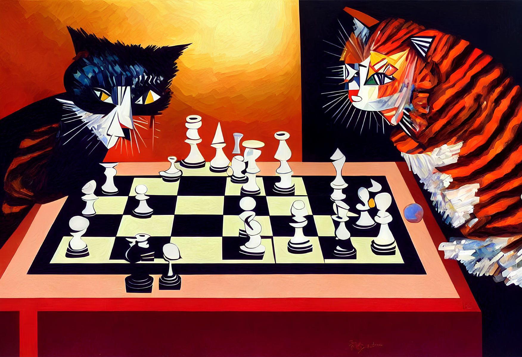 Stylized cats in vibrant attire playing chess