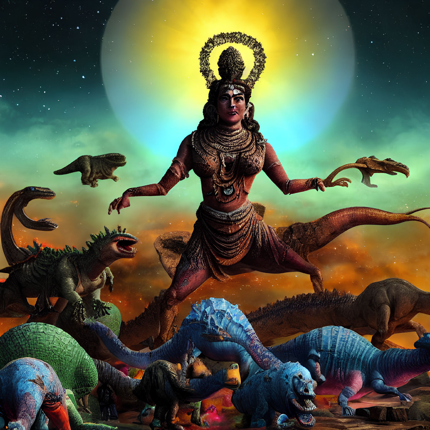 Mythological female figure with multiple arms dances under twilight sky among colorful dinosaurs and celestial body