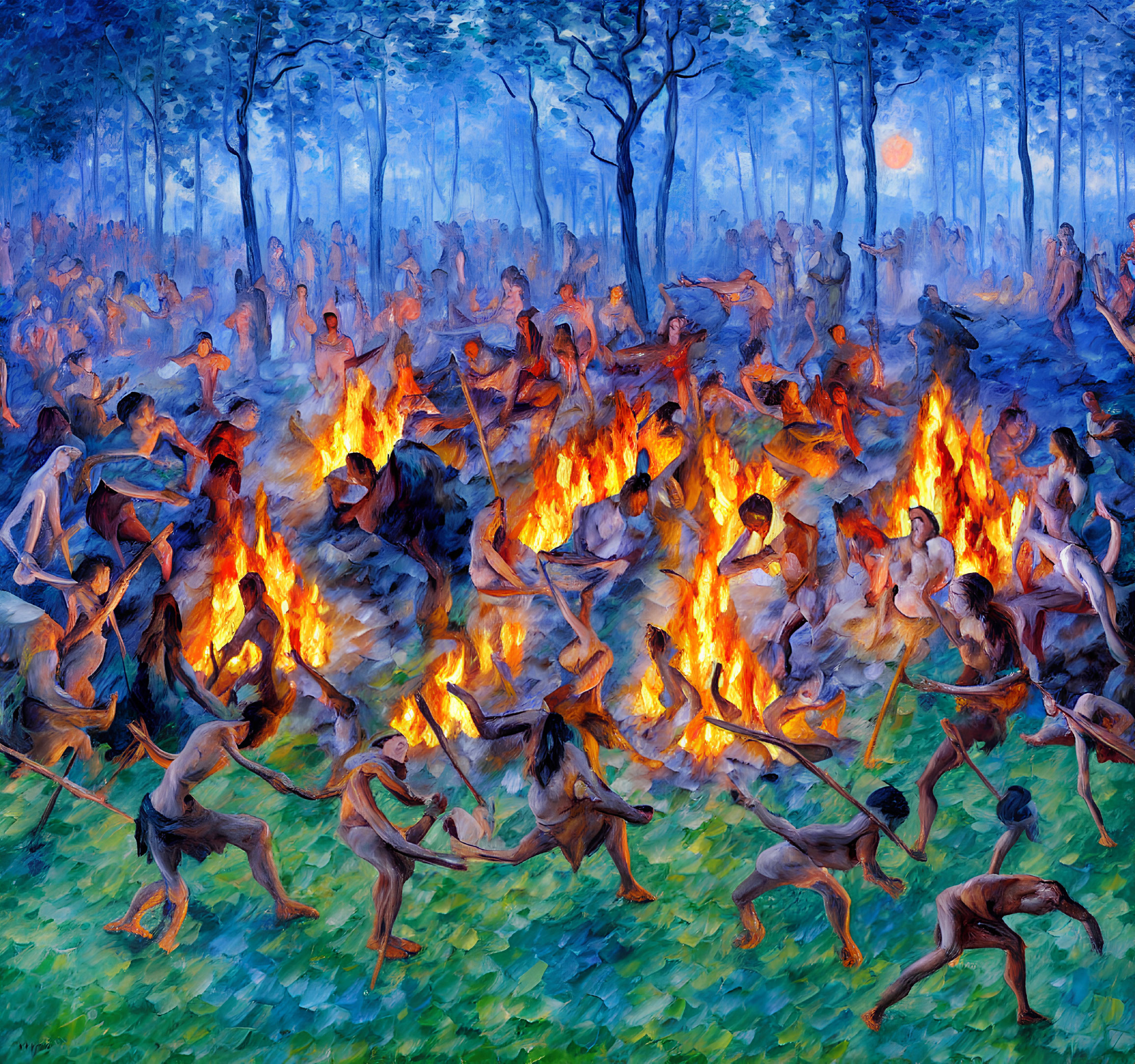 Colorful painting of people dancing around bonfires in forest at dusk