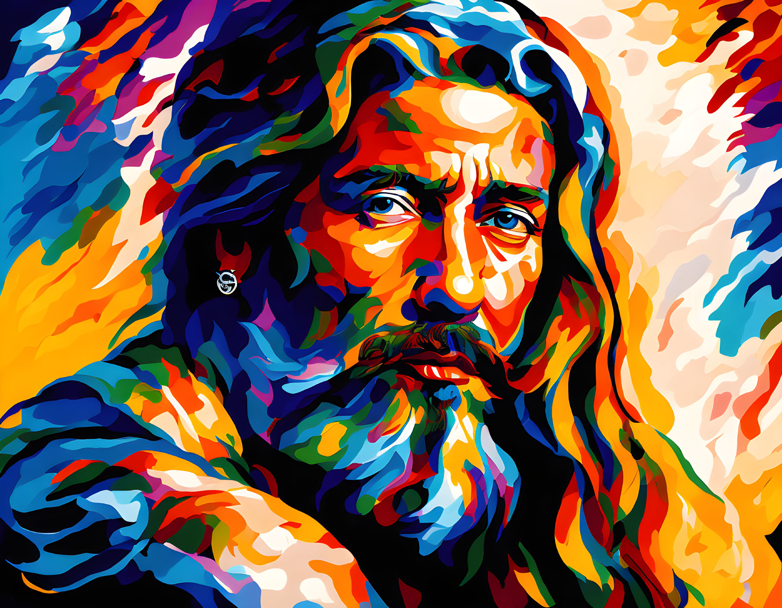 Colorful Portrait of Bearded Man with Intense Eyes and Bold Strokes