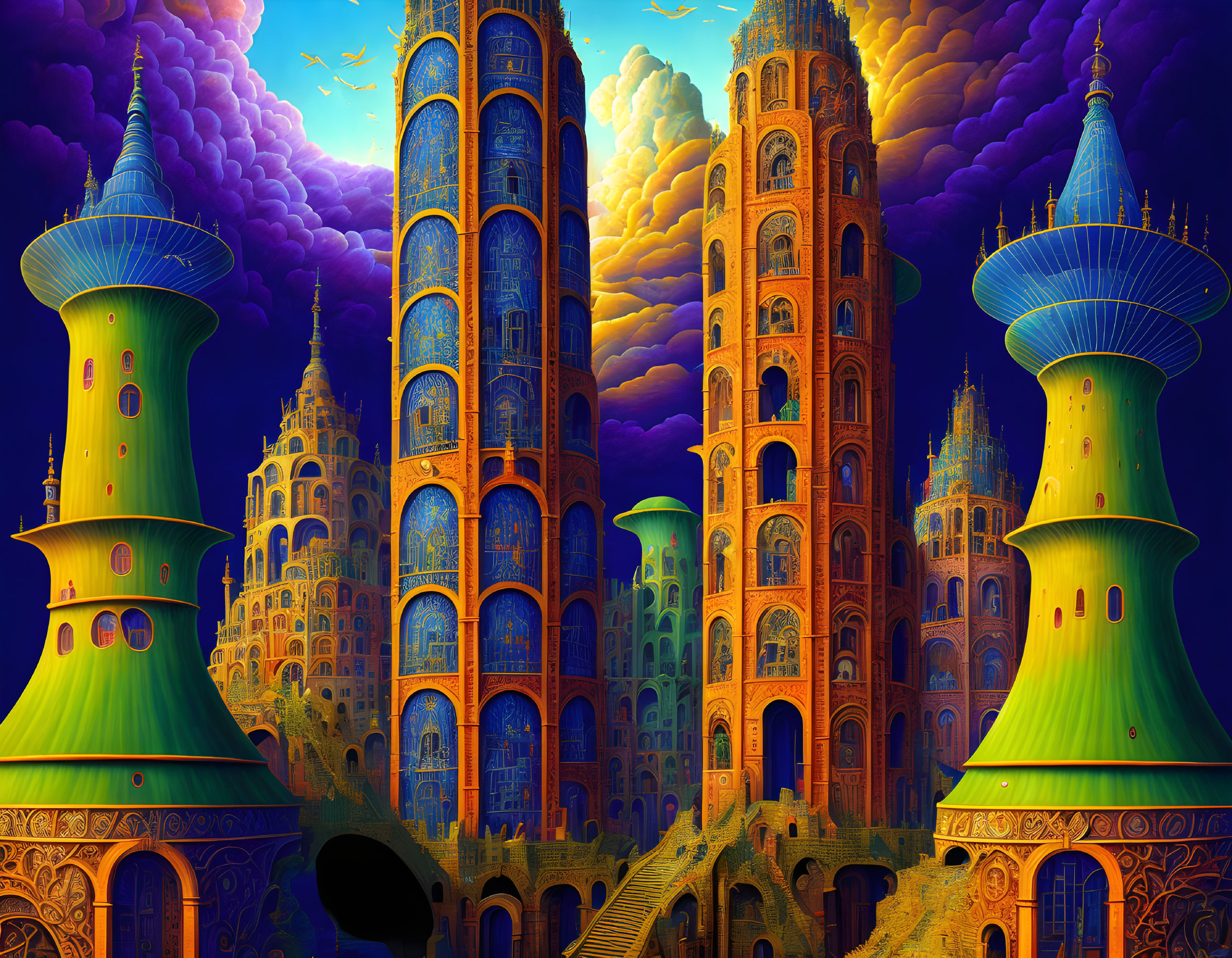 Fantastical cityscape with towering ornate buildings under dramatic sky