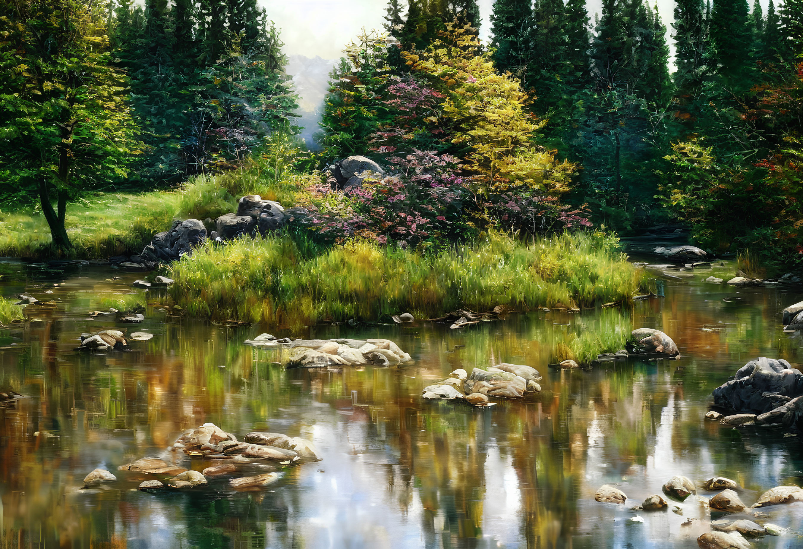 Tranquil stream with rocks and vibrant vegetation in soft light