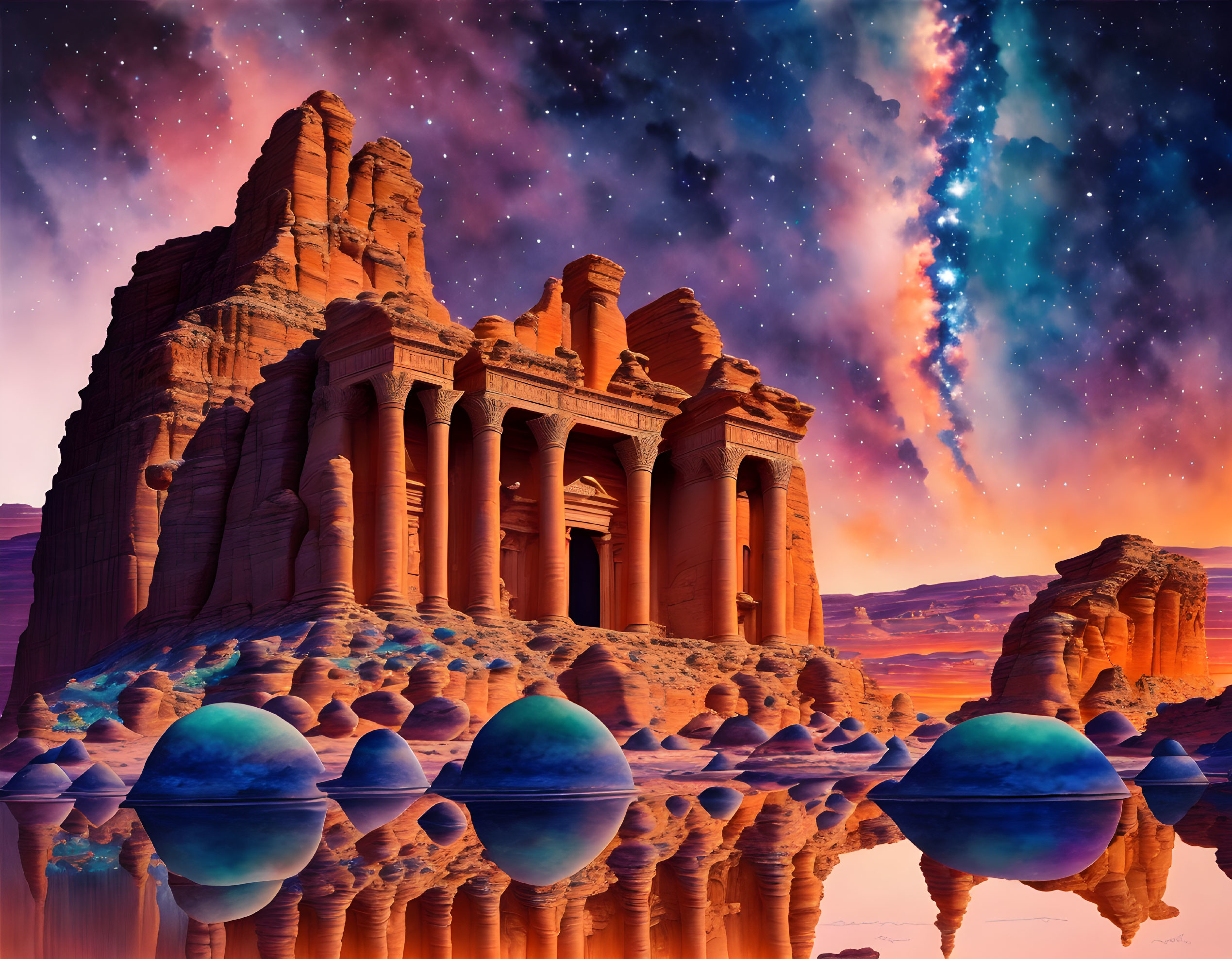 Fantastical landscape with ancient rock-cut architecture and vibrant sunset skies