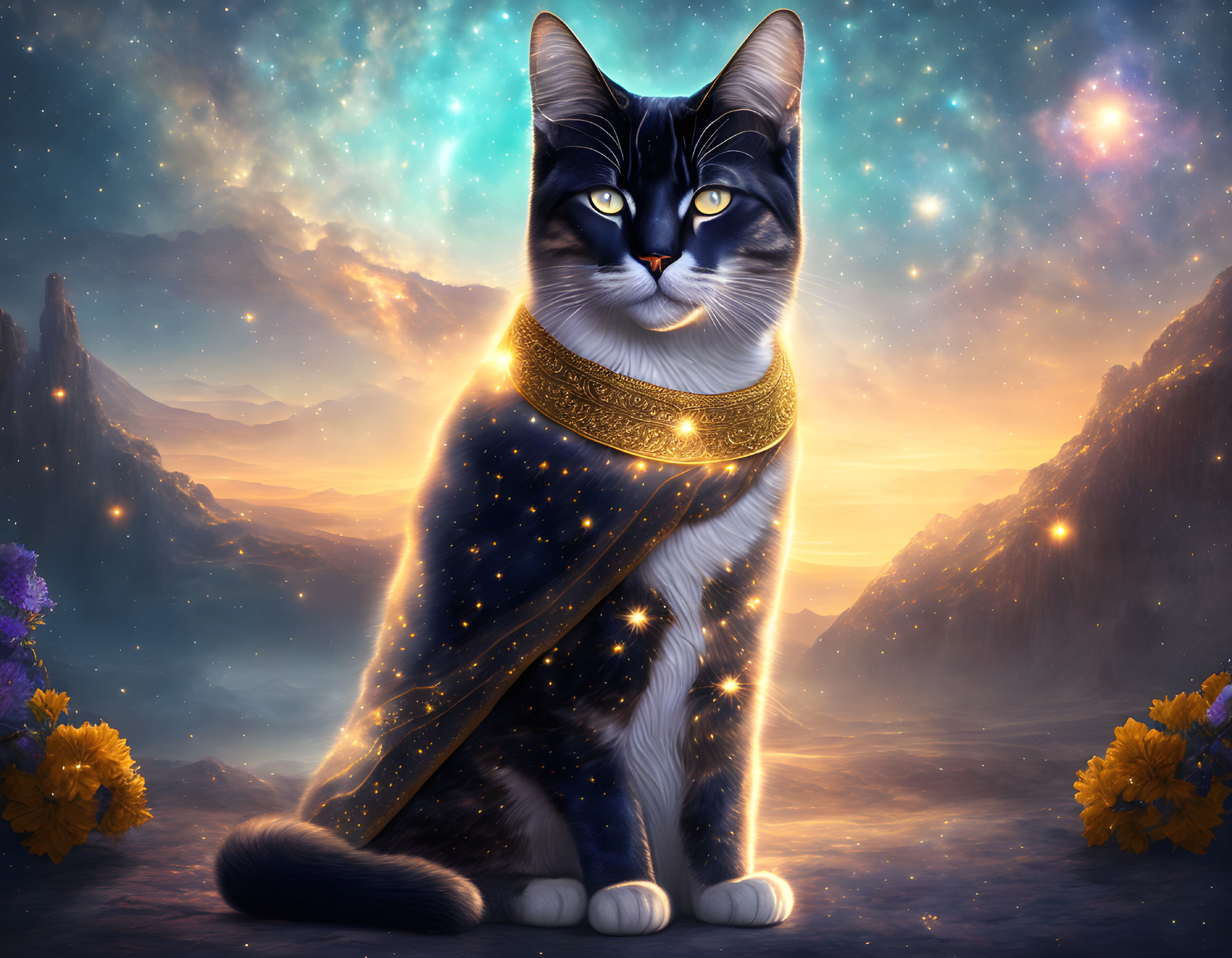 Majestic black and white cat in celestial-themed landscape