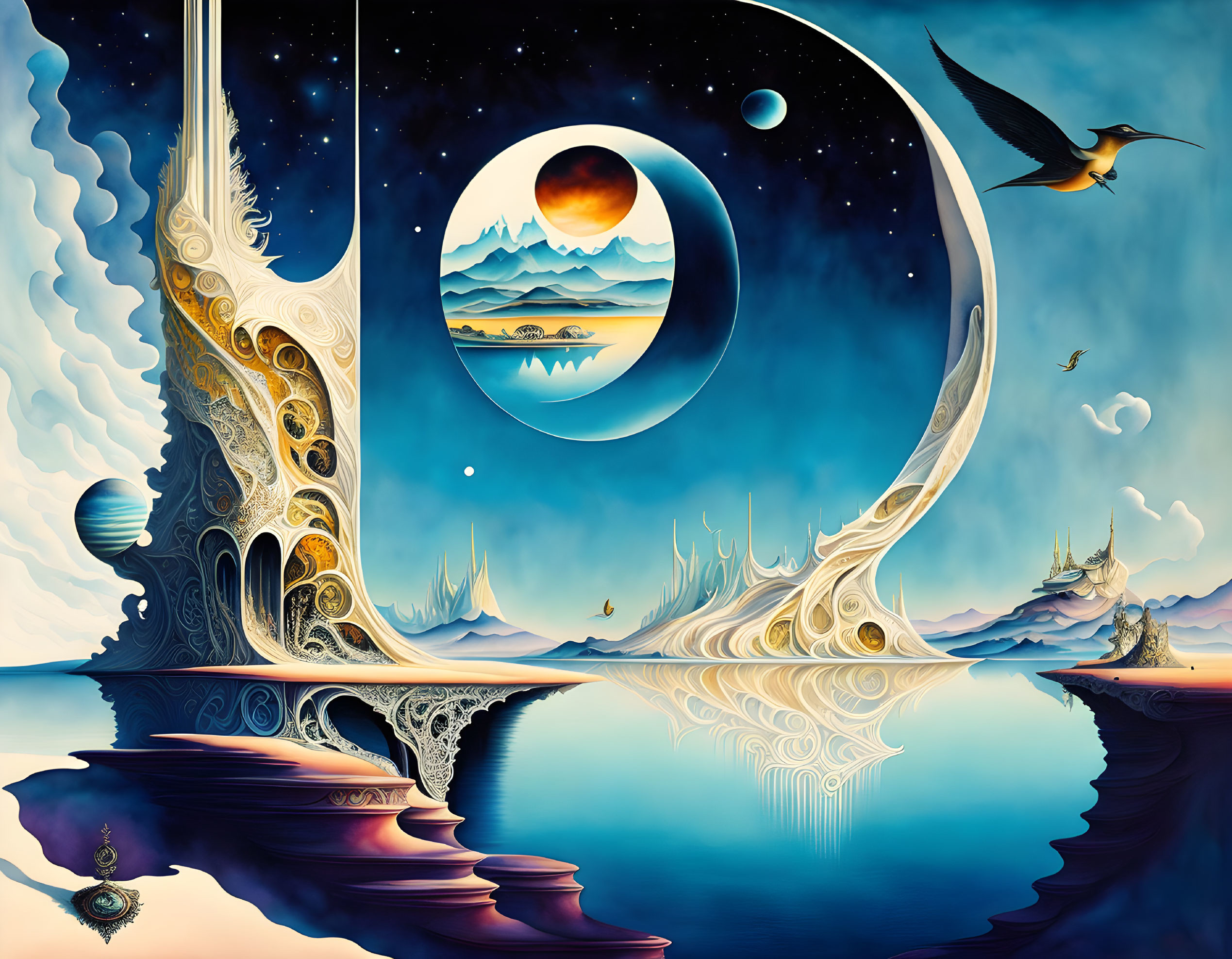 Surreal landscape with crescent structure, bird, floating islands, and celestial bodies