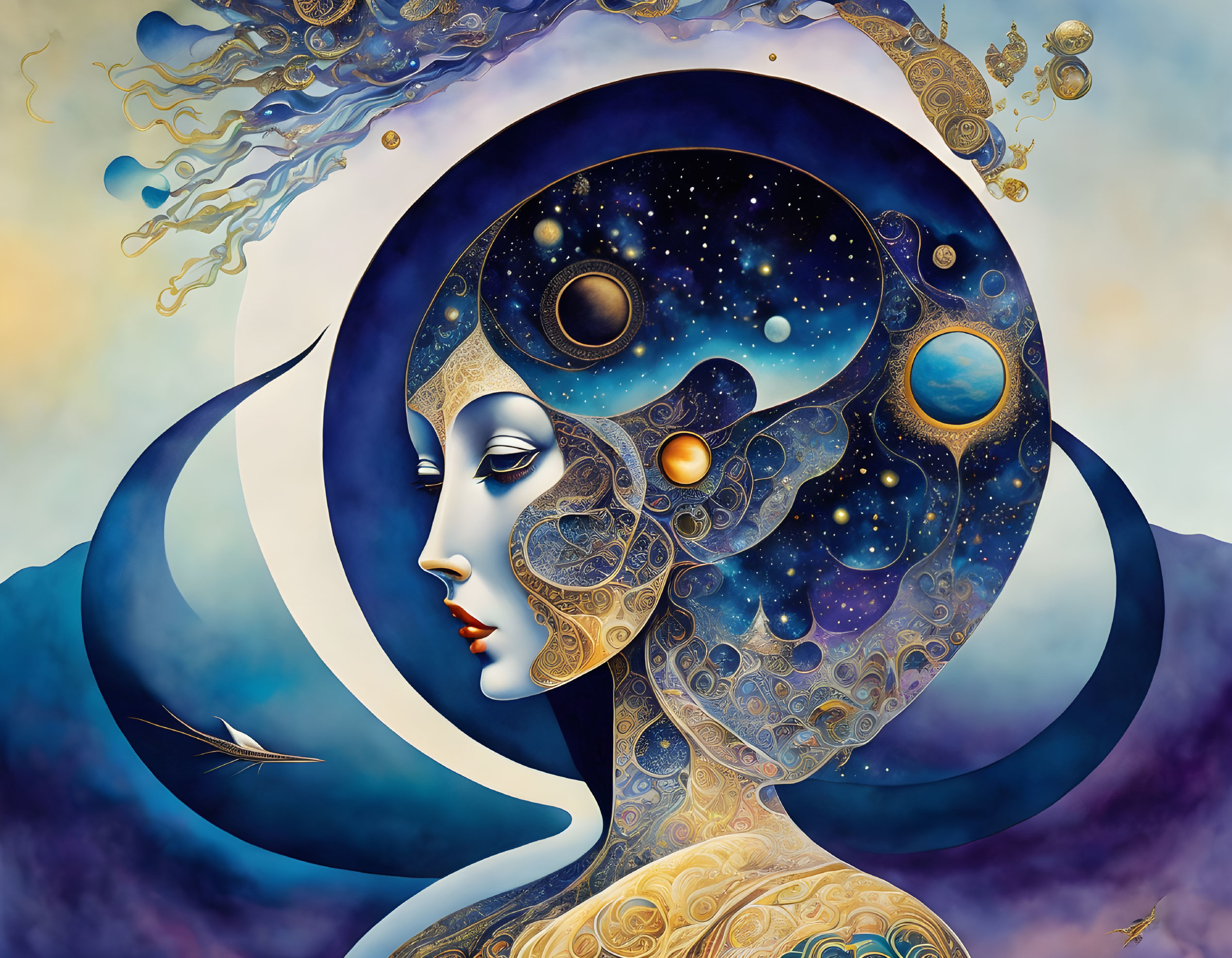 Surrealist portrait of woman fused with cosmic elements