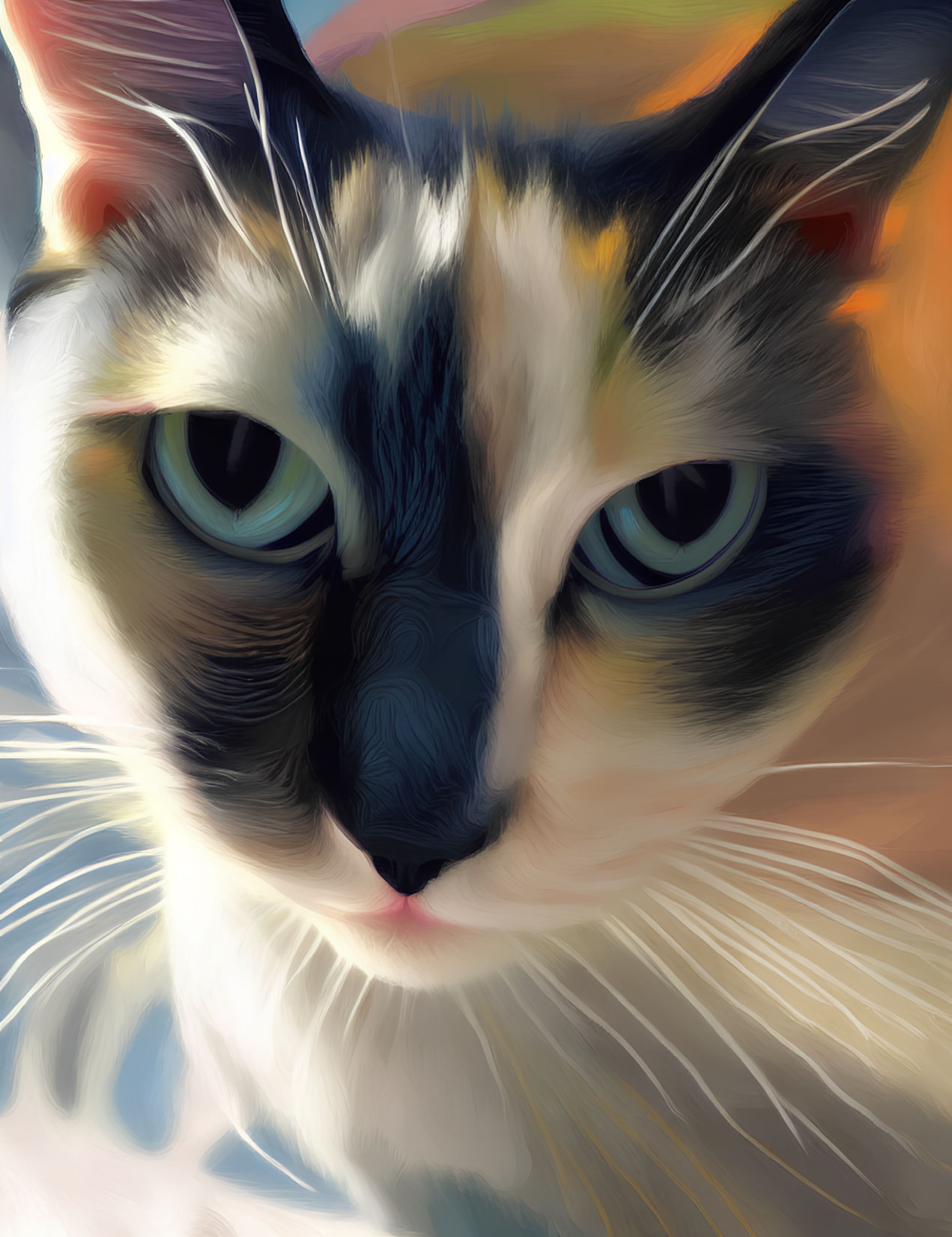 Multicolored Cat with Blue Eyes and Painterly Filter Effect