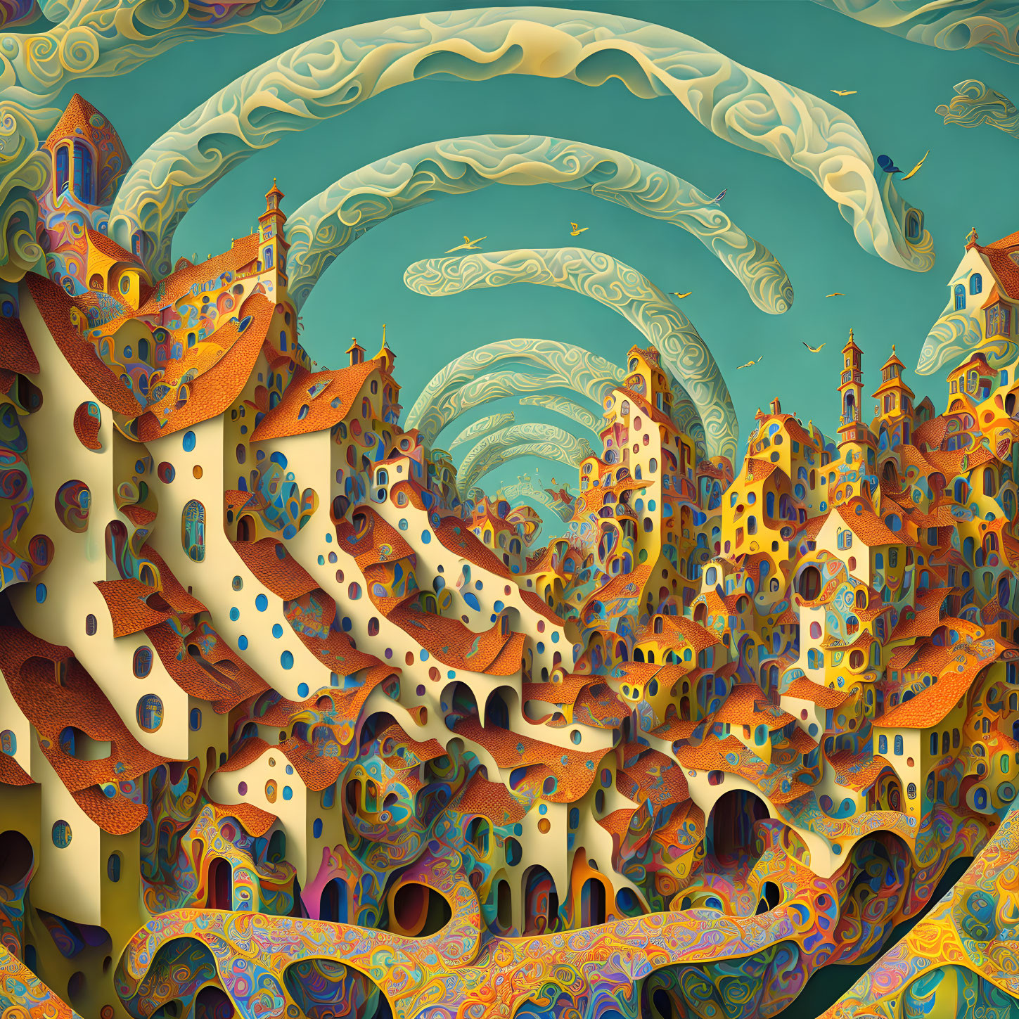 Vibrant surreal village with whimsical architecture and swirling patterns.