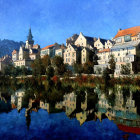 Impressionistic painting of quaint European village with historic buildings and church by calm river