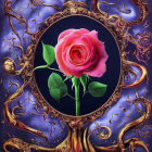 Pink rose in gold baroque frame on blue and purple backdrop