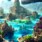 Detailed Fantasy Landscape with Mountains, Waterfalls, Bridges, and City Structures