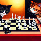 Stylized cats in vibrant attire playing chess