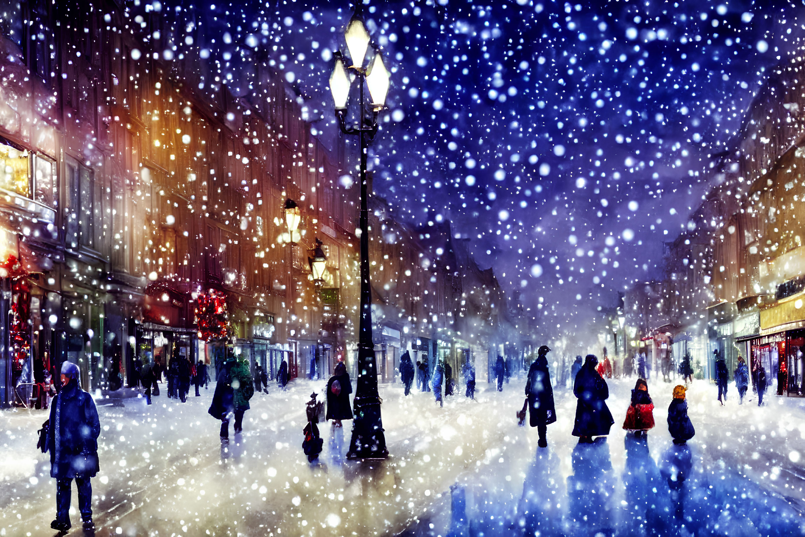 Snowfall illuminates bustling city street at night with people walking under streetlights and decorated shops