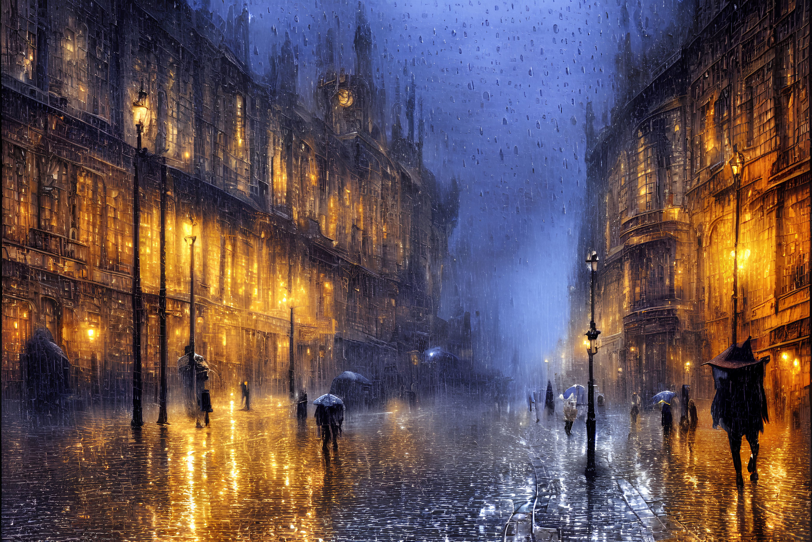 City street scene: Rainy night with umbrellas under warm streetlights.