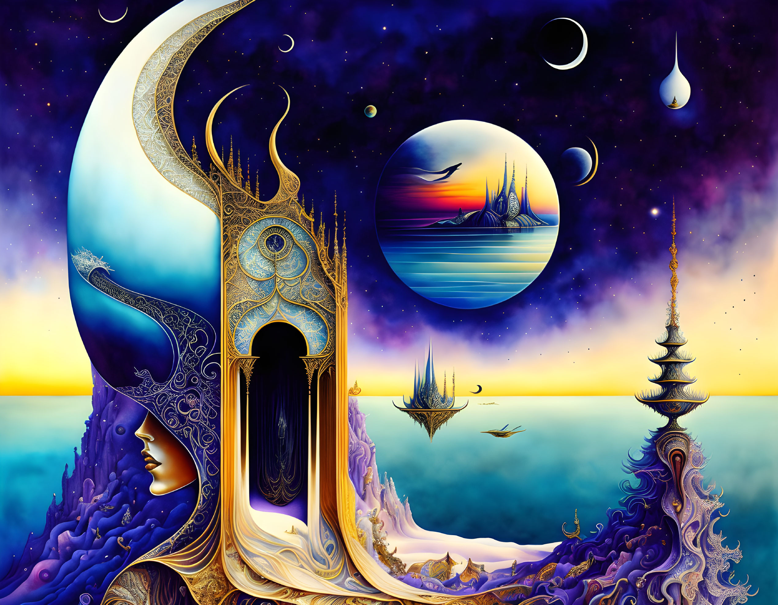 Surreal artwork: Moon-faced profile, ornate doorway, seascape with ships, floating islands