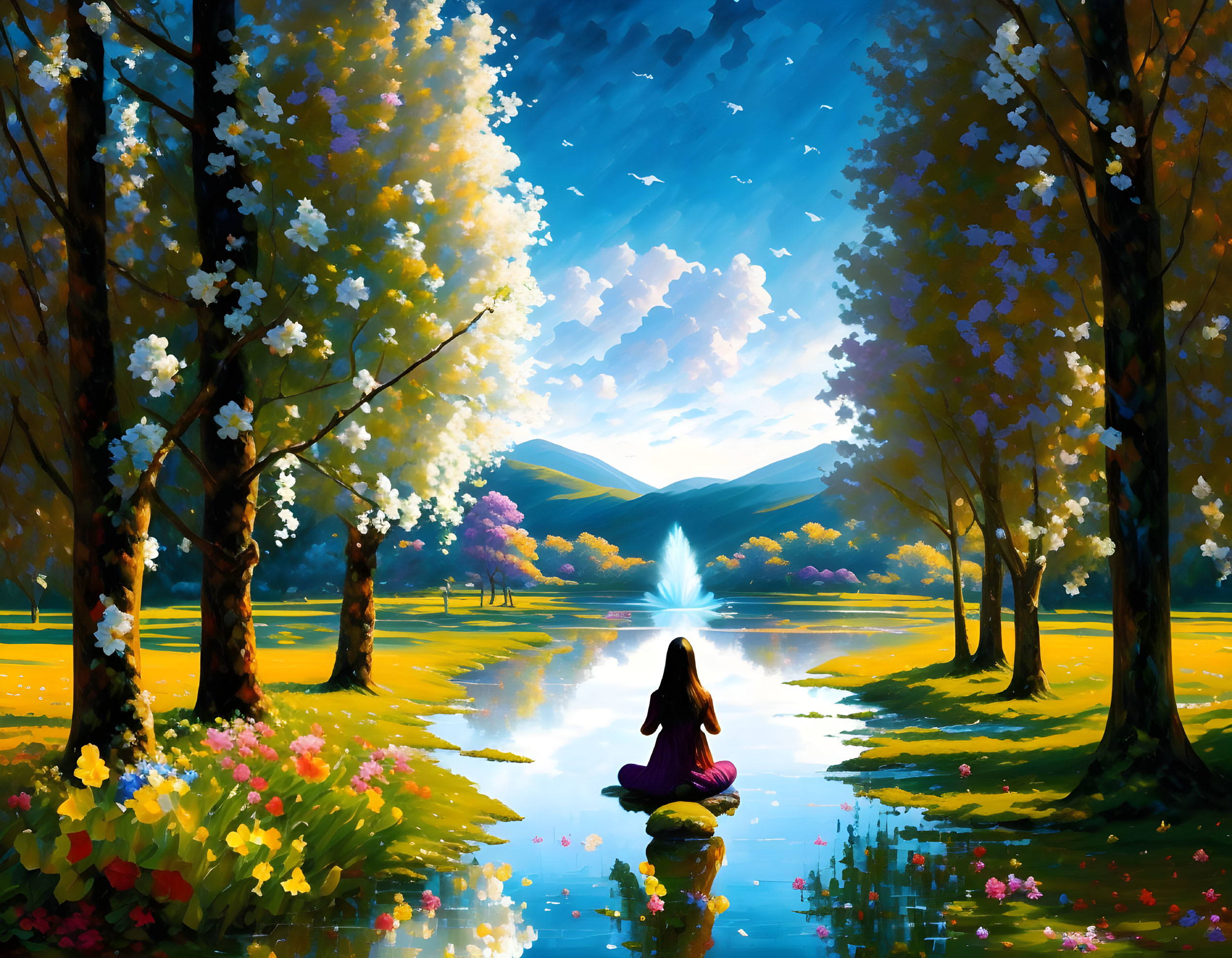 Tranquil lake scene with vibrant trees, mountains, and birds