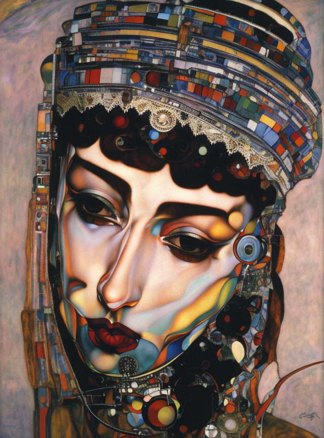 Colorful portrait of a woman with mosaic headdress and vibrant textures