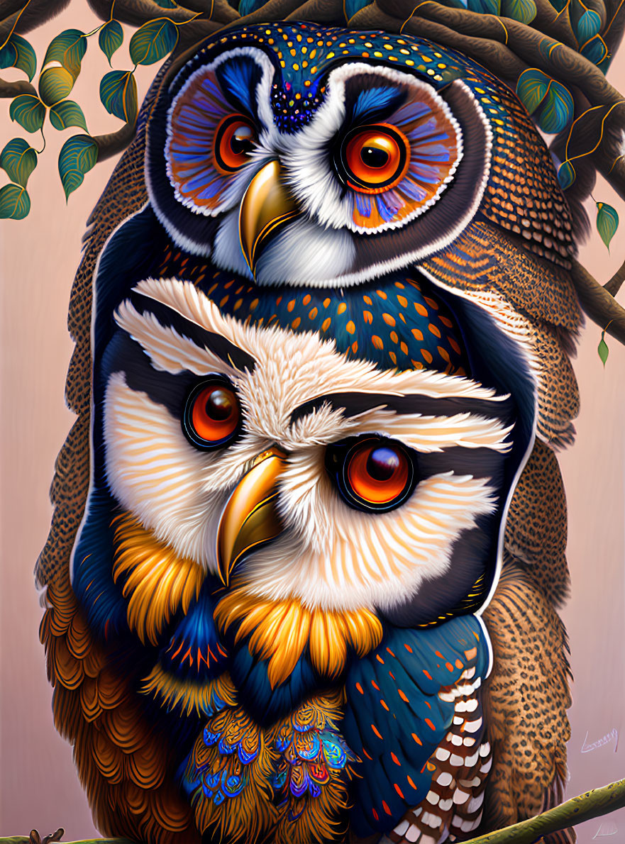 Colorful digital artwork: Two stylized owls with intricate feathers and expressive eyes on leafy backdrop