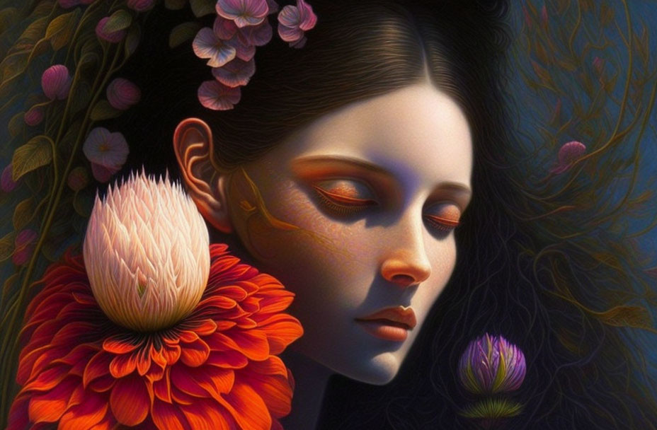 Vibrant digital artwork of a woman with flowers in her hair and vibrant floral blooms