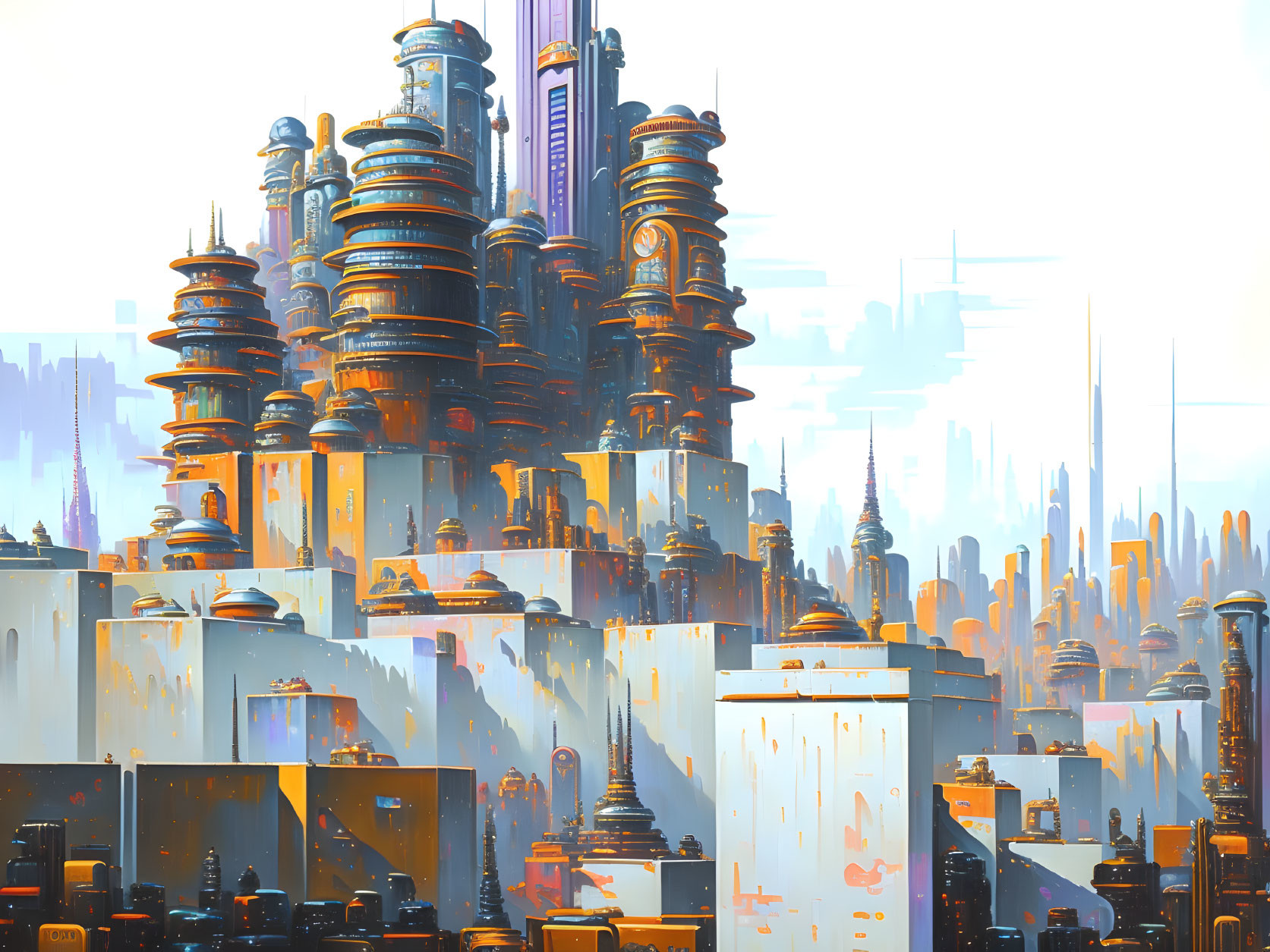 Golden Skyscrapers in Futuristic Cityscape