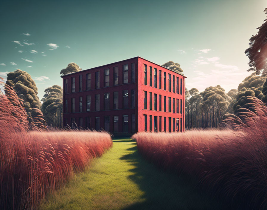 Red brick building with multiple windows in natural setting under clear sky.