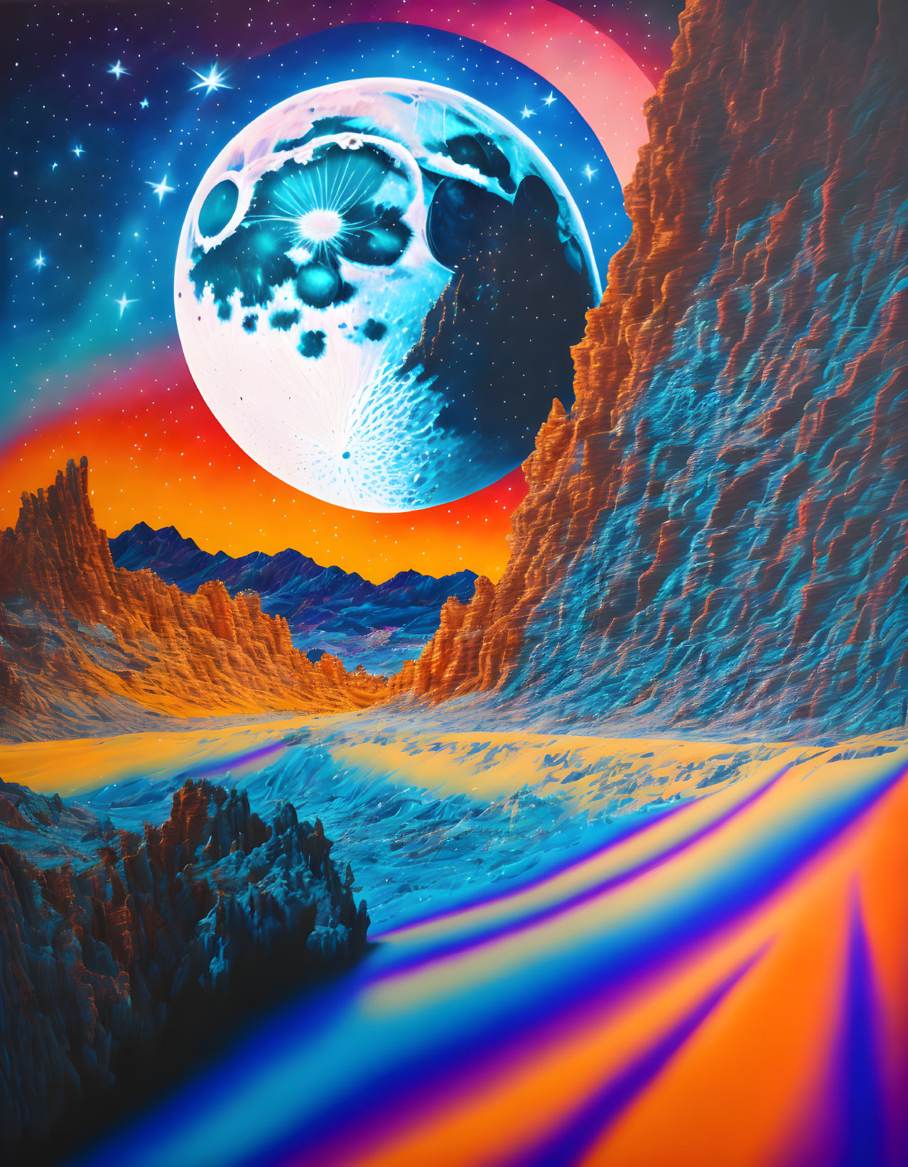 Colorful sci-fi landscape with large moon, mountains, and starry sky