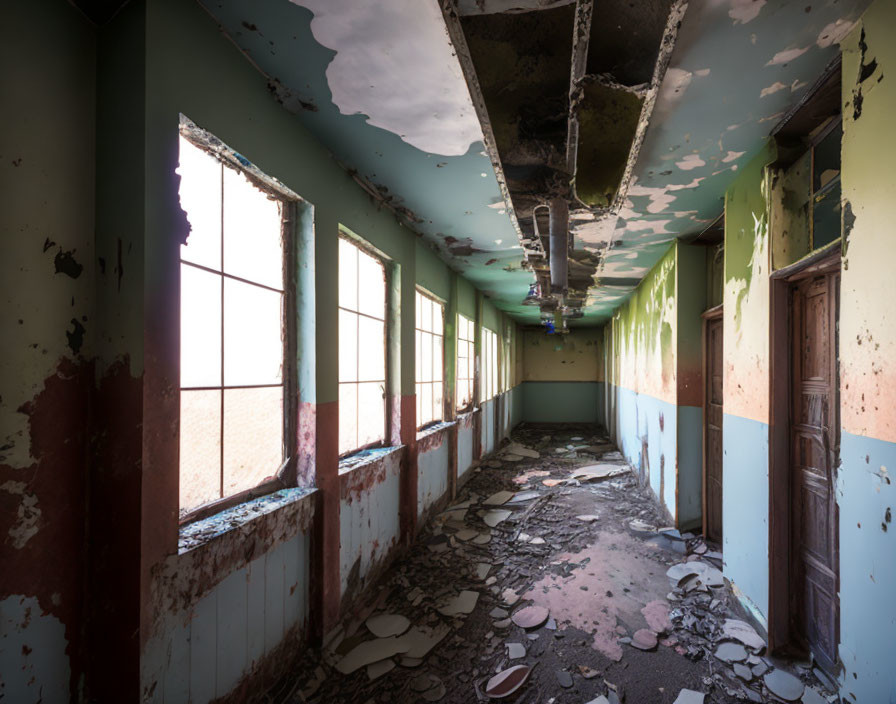 Abandoned corridor with peeling green paint and debris on the floor