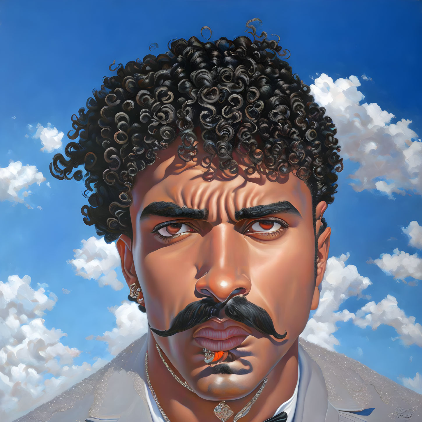 Detailed Hyperrealistic Portrait of Man with Curly Hair and Mustache