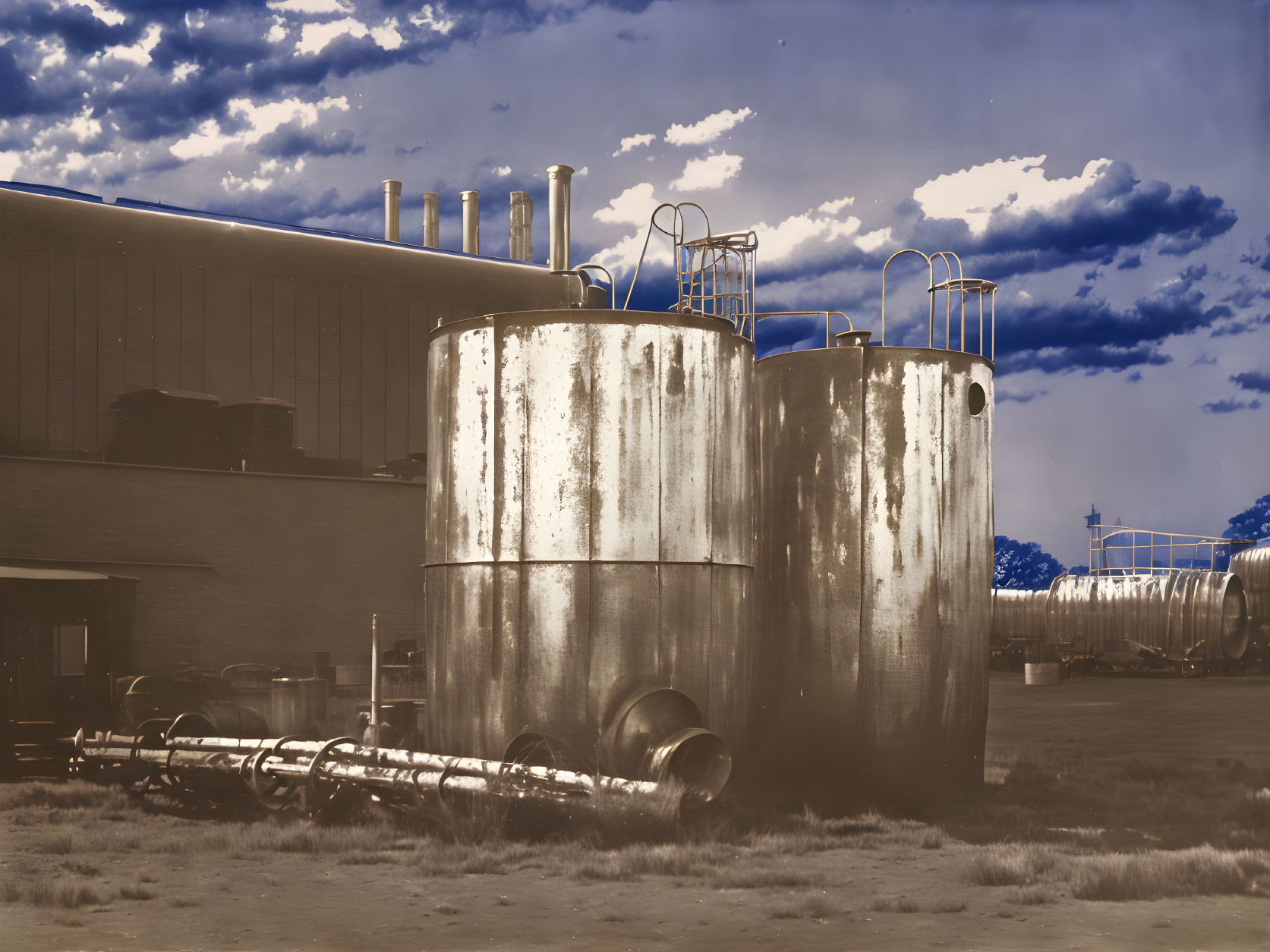 Vintage sepia-toned industrial storage tanks under dramatic sky.