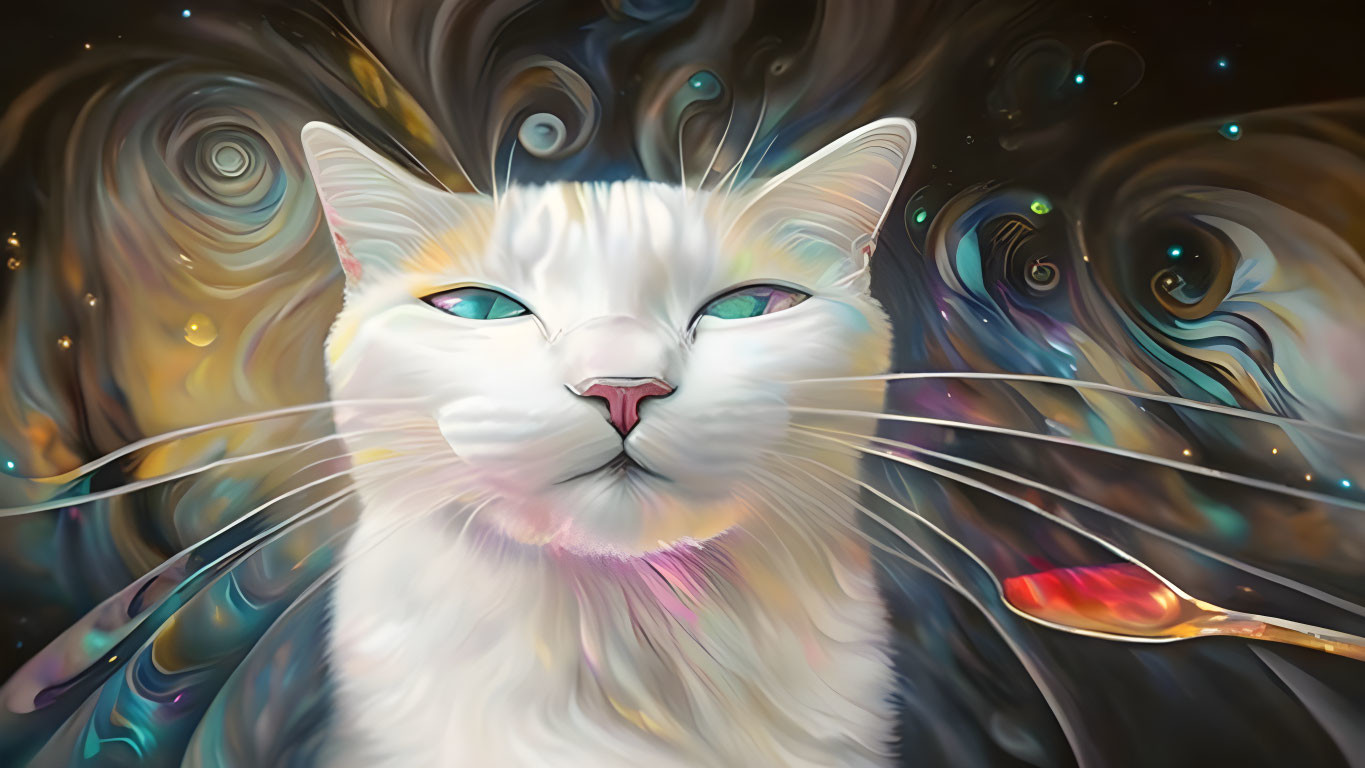 Whimsical white cat digital painting with blue eyes and cosmic patterns