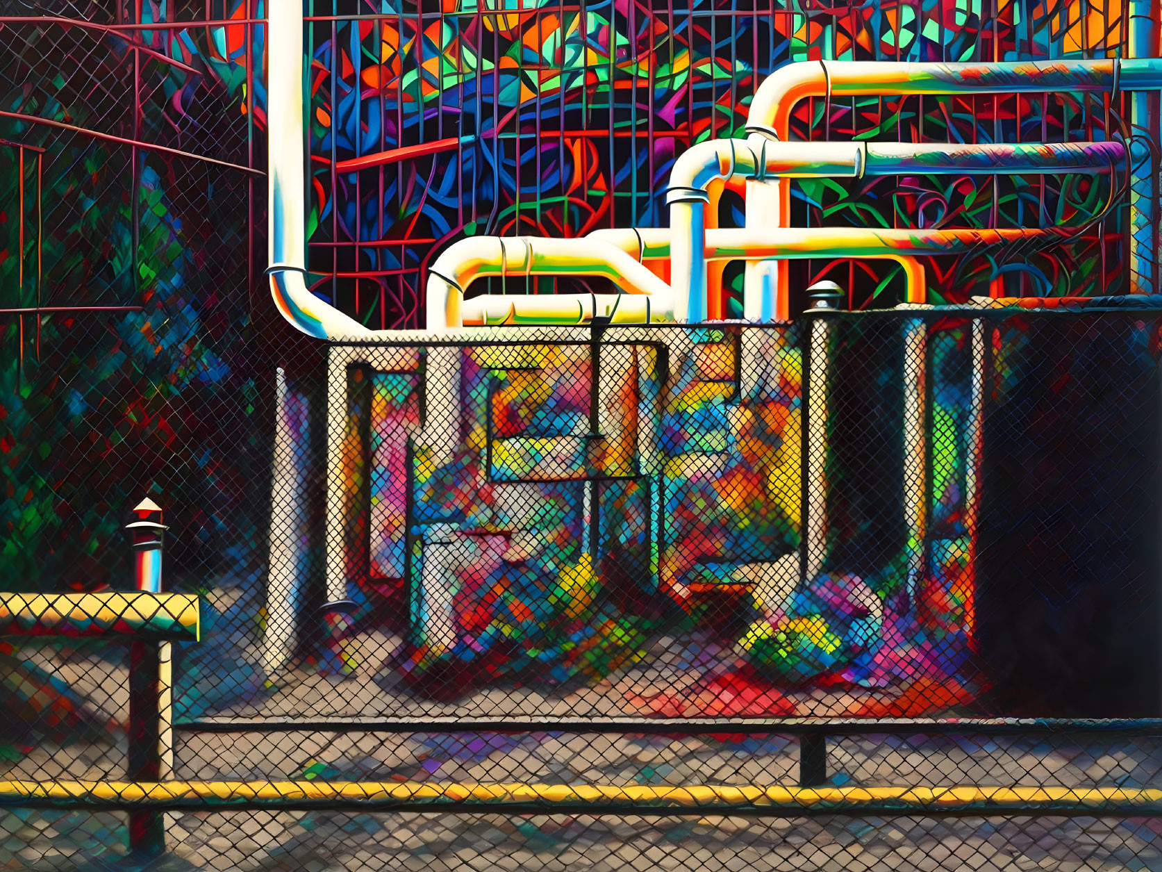 Vibrant colorful pipes behind a chain-link fence with stylized filter applied