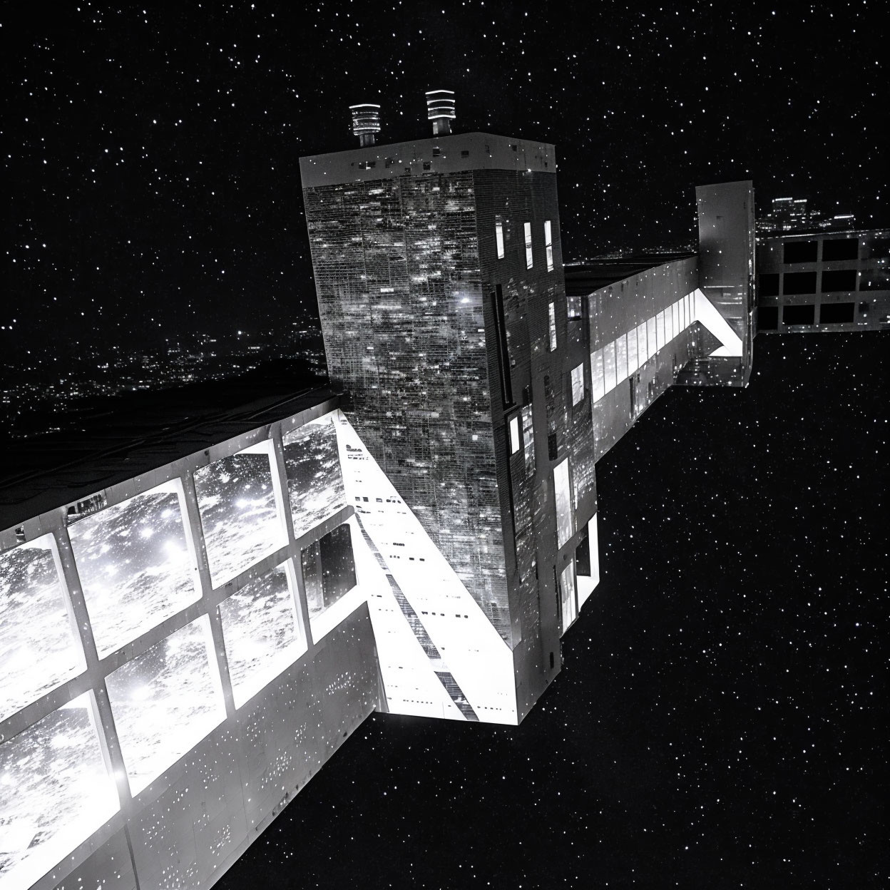 Inverted surreal skyscraper in starry night sky