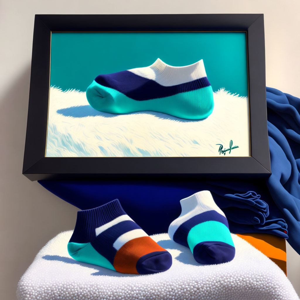 Surreal image of framed single sock with matching pairs below