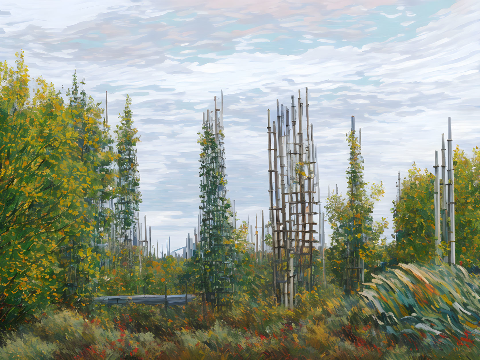 Autumn forest painting with tall trees and cloudy sky