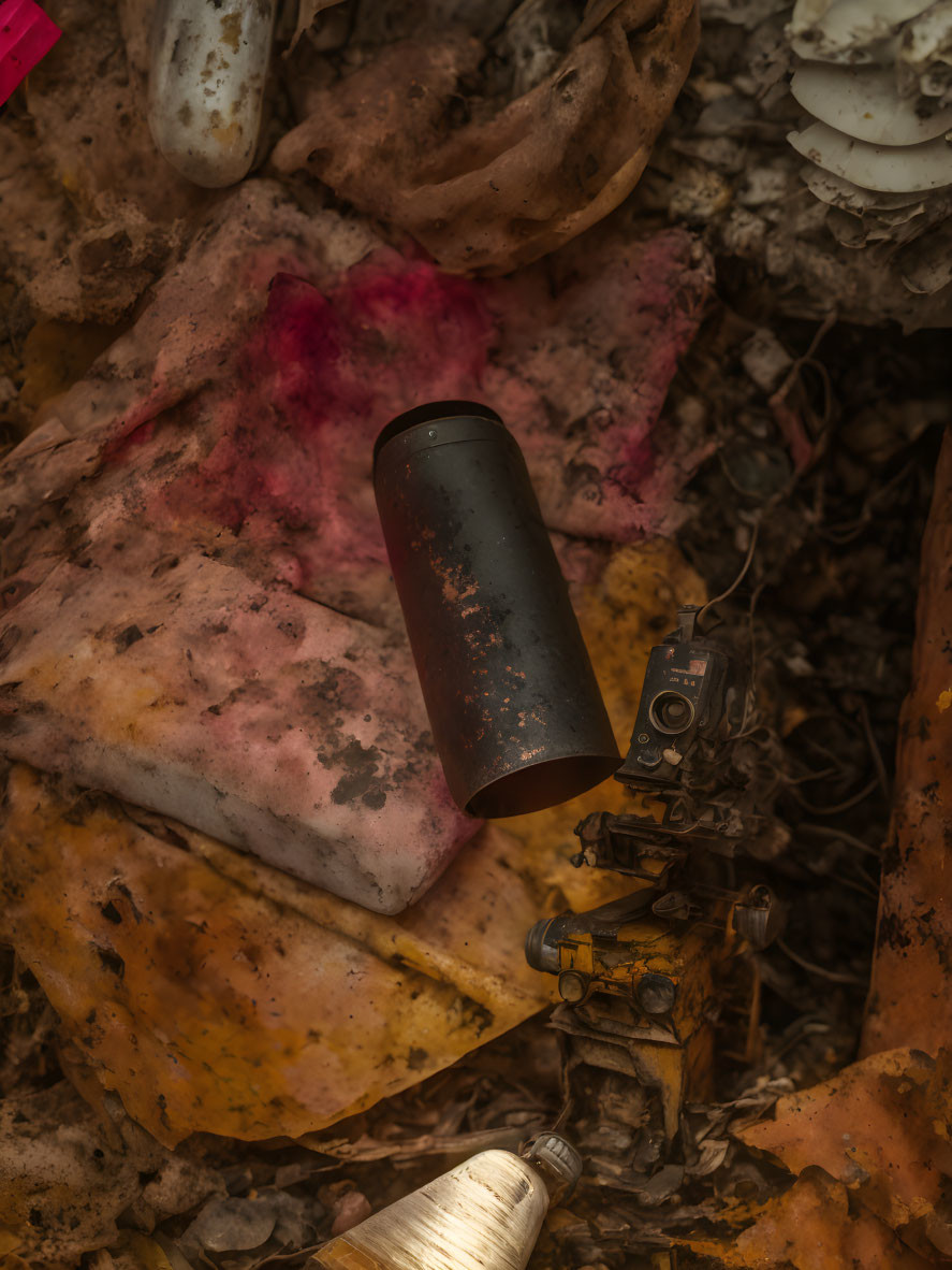 Rusted spray can among autumn leaves and discarded objects