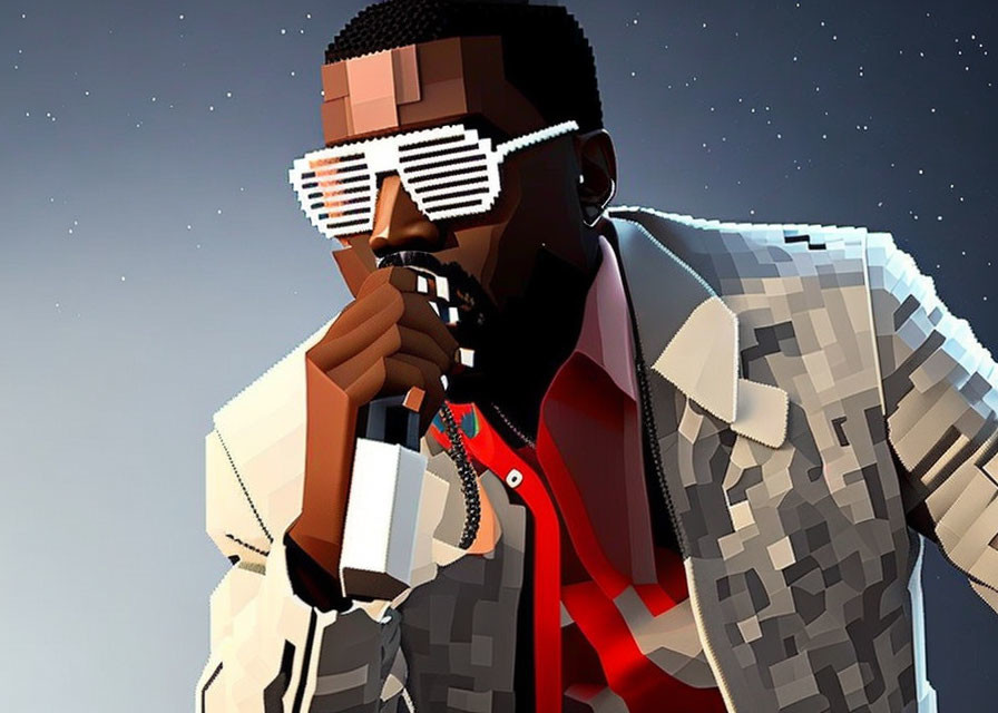 Male figure in shutter shades, red shirt, and gray jacket in 3D rendering