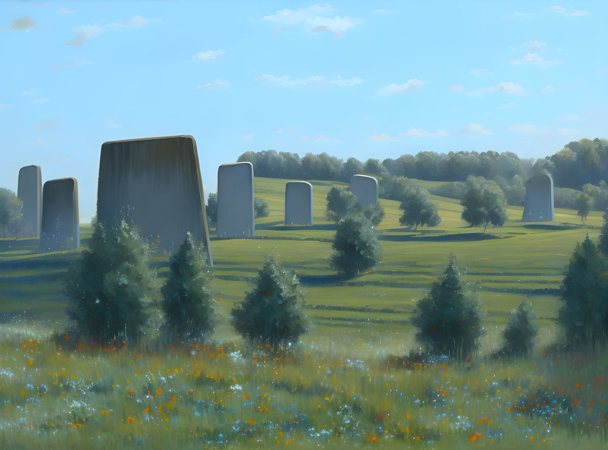 Tranquil landscape with stone monoliths, hills, trees, meadow, wildflowers,