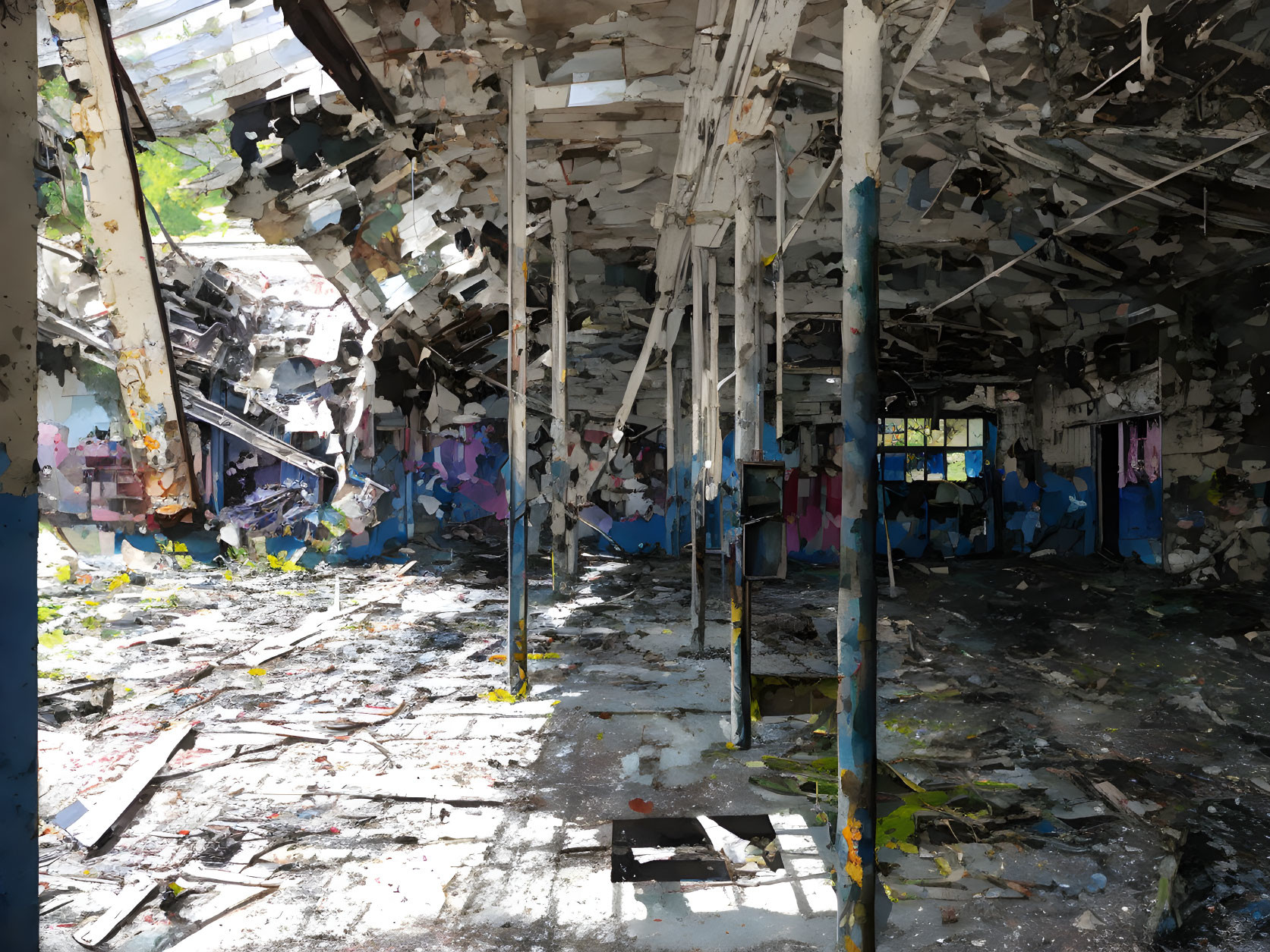 Abandoned building interior with peeling ceilings, graffiti, debris, and columns