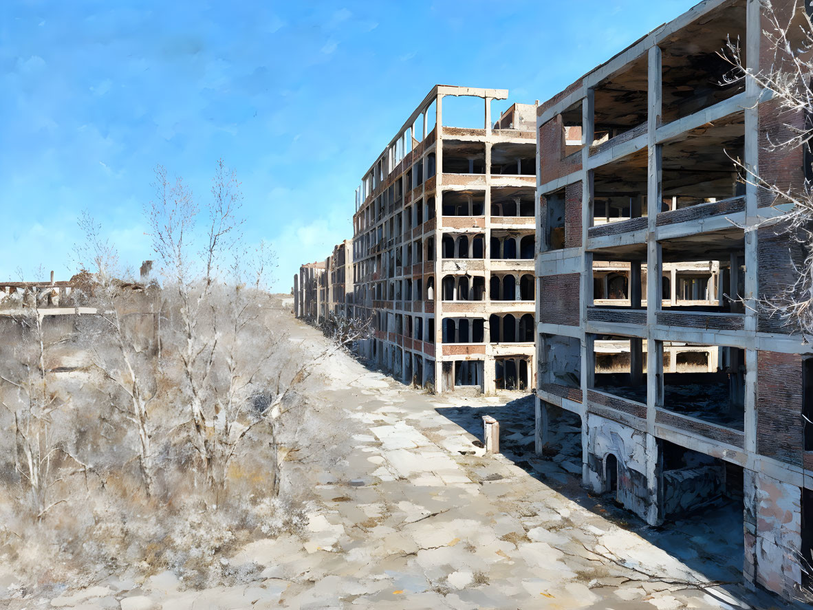 Abandoned multi-story building with broken windows and barren trees.