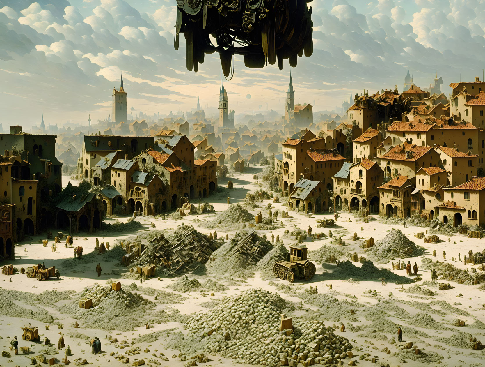 Fantastical cityscape with old-world architecture and hovering airship in sandy landscape