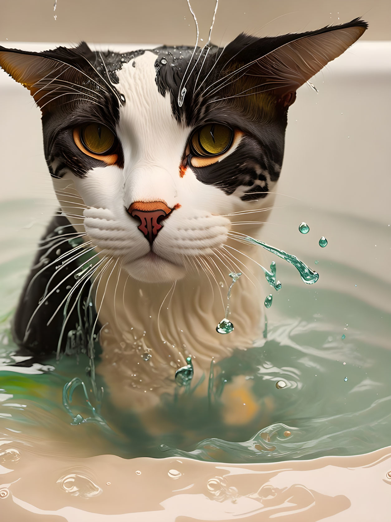 Black and White Cat with Amber Eyes Submerged in Water